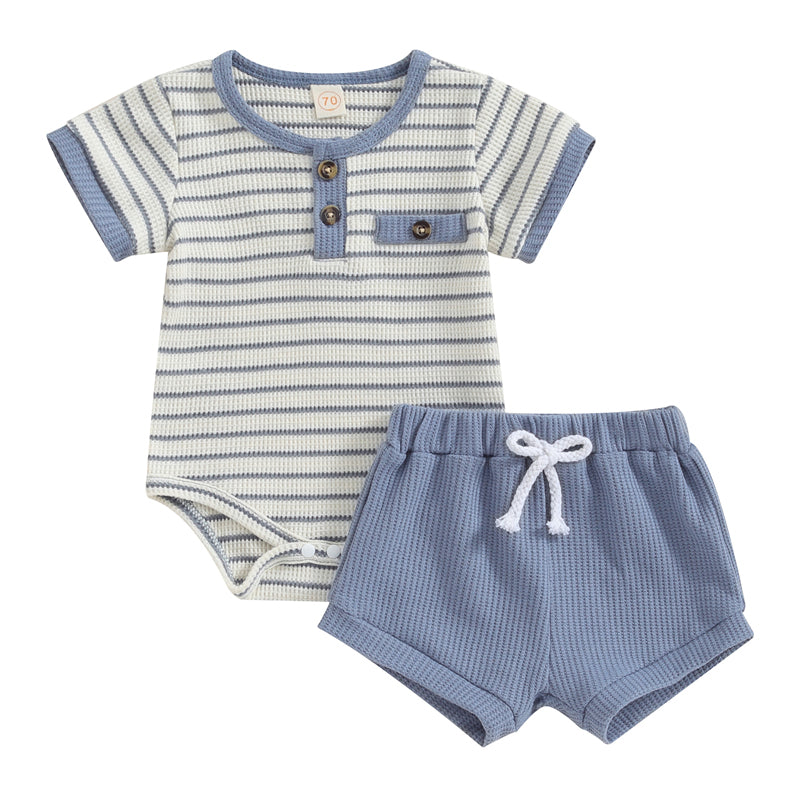 Bébé Garçon Vêtements d'été Bouton manches courtes Romper Bodysuit Short Set Infant Soft Waffle