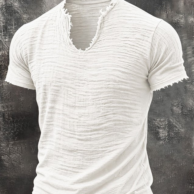 T-Shirt rétro doublé de coton avec l'ourlet en plumes et un manches courtes distinctive V-Neck