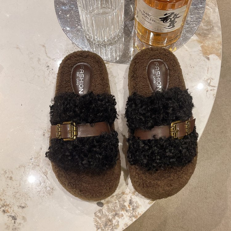 Pantoufles en fourrure Curly Platform pour femmes