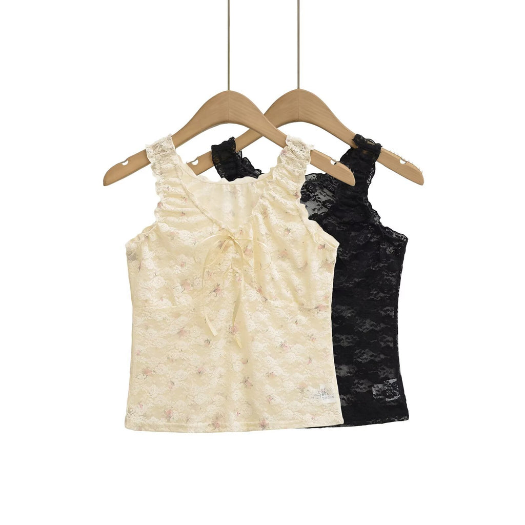 Femmes Camisole en dentelle fleurie sans manches intérieure et dessus extérieur