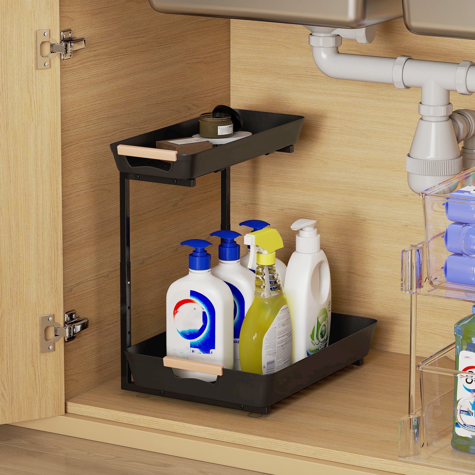 Hauteur réglable de la cuisine Organisateur 2 niveaux paniers de retrait rack de stockage en métal sous évier