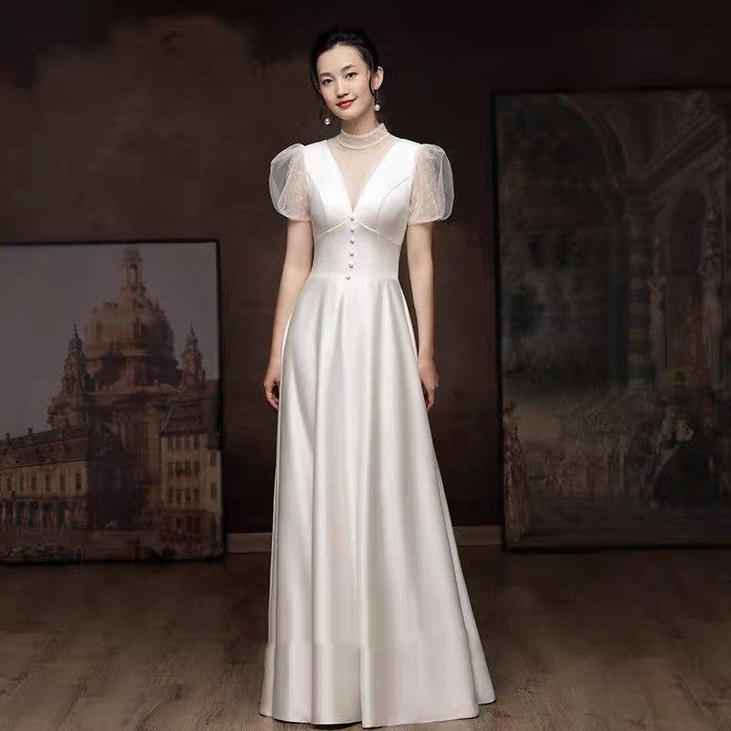 Fiançailles blanches Robe de mariée Femme Français Satin Robe de mariée légère