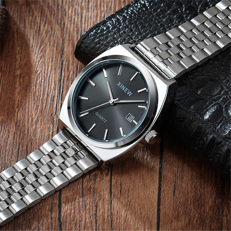 Style étudiant Bracelet en acier inoxydable à la mode calendrier Quartz hommes montre