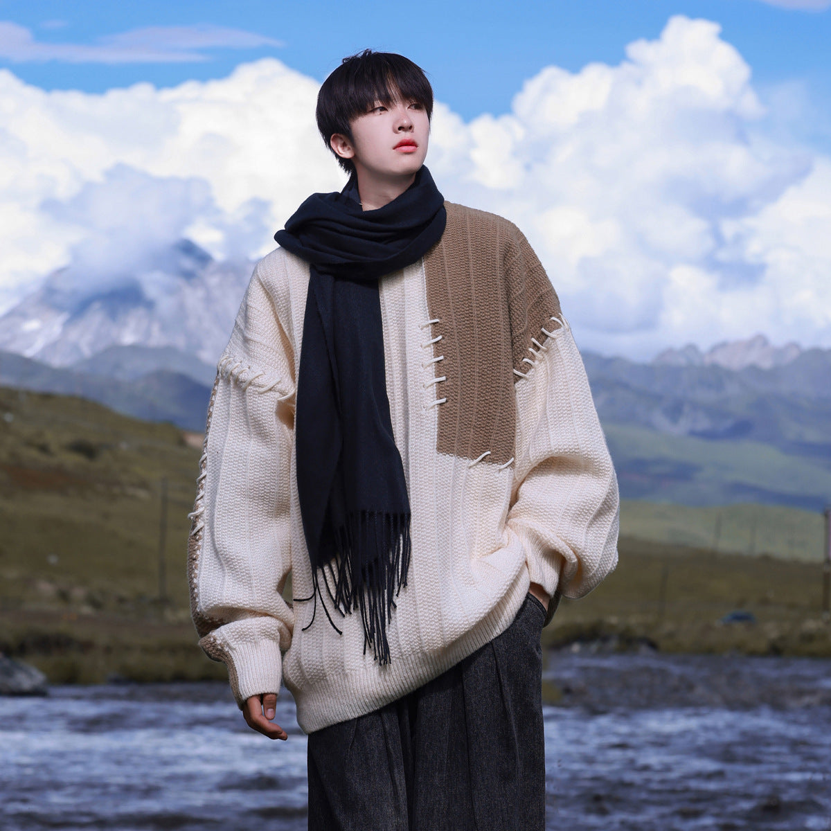 Design Niqi Pullover Patchwork Contraste Couleur Chandail pour garçons Automne Et l'hiver