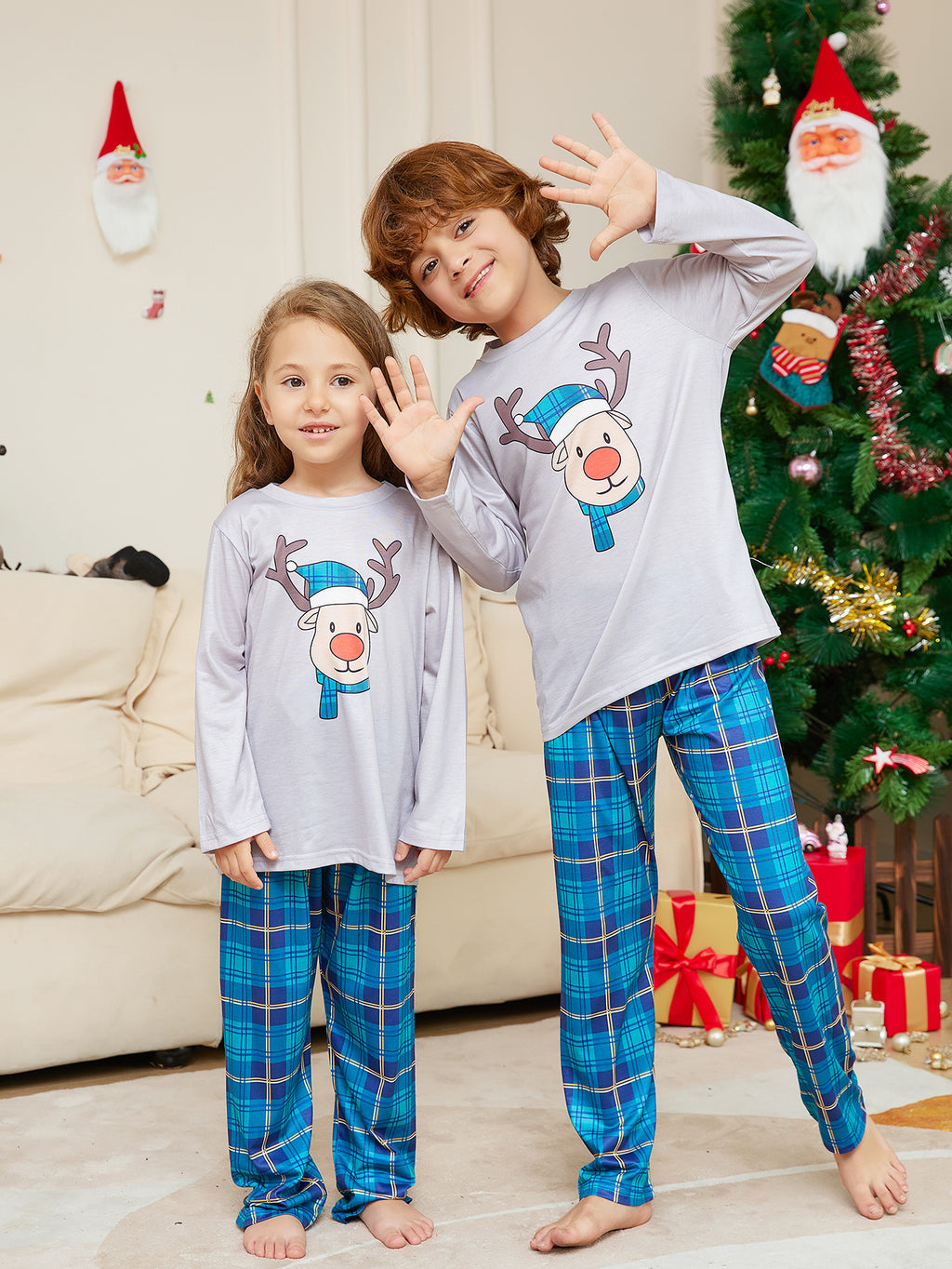 Pyjama à manches longues, tête bleue de cerf de Noël