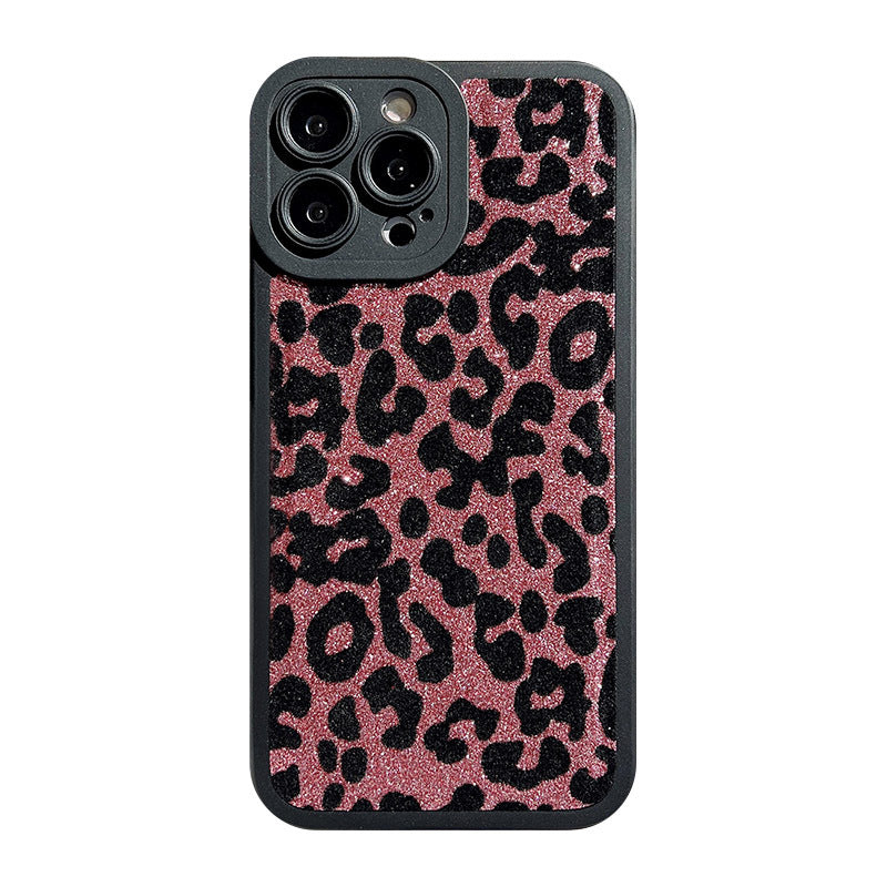 Leopard Glitter Plush pour téléphone portable boîtier silicone anti-dérapant