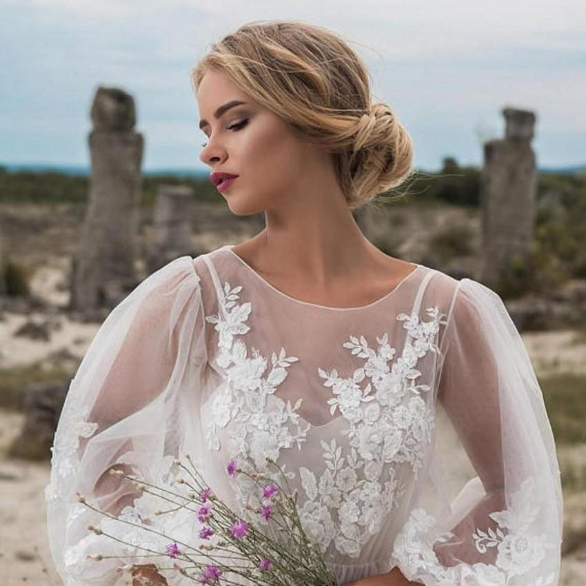 Col rond Gauze Brodé Robe de mariée en une seule pièce