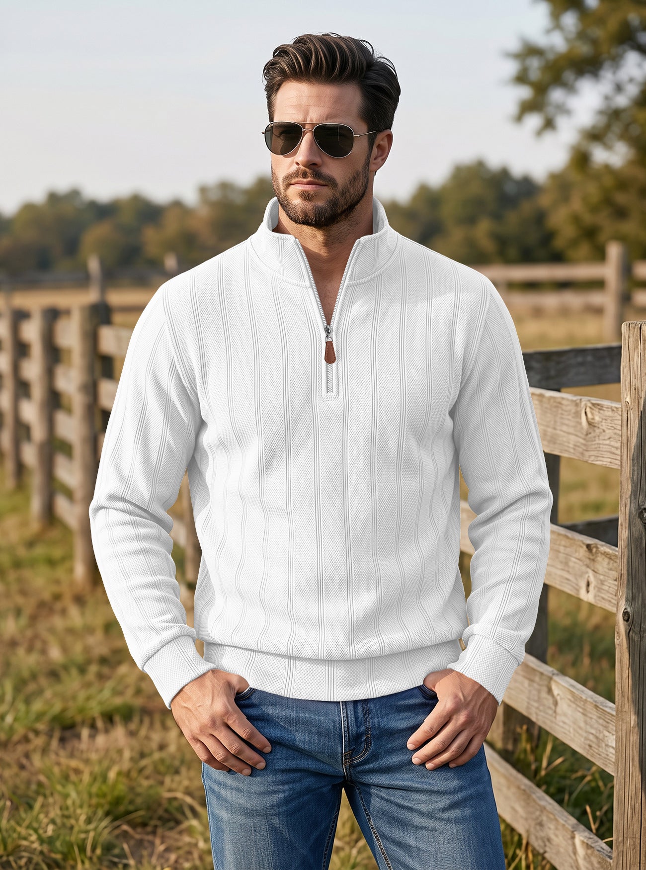 TK Hommes Vertical Stripe Waffle Half-Zip Stand Collar Long Sleeve Top