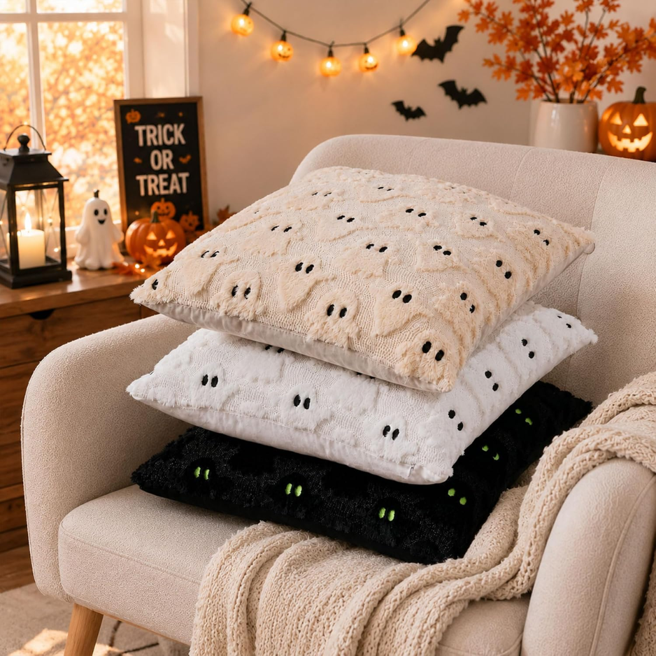 Oreiller d'Halloween Couvertures 18x18 pouces 2Pcs Beige Ghost Décoration d'Halloween