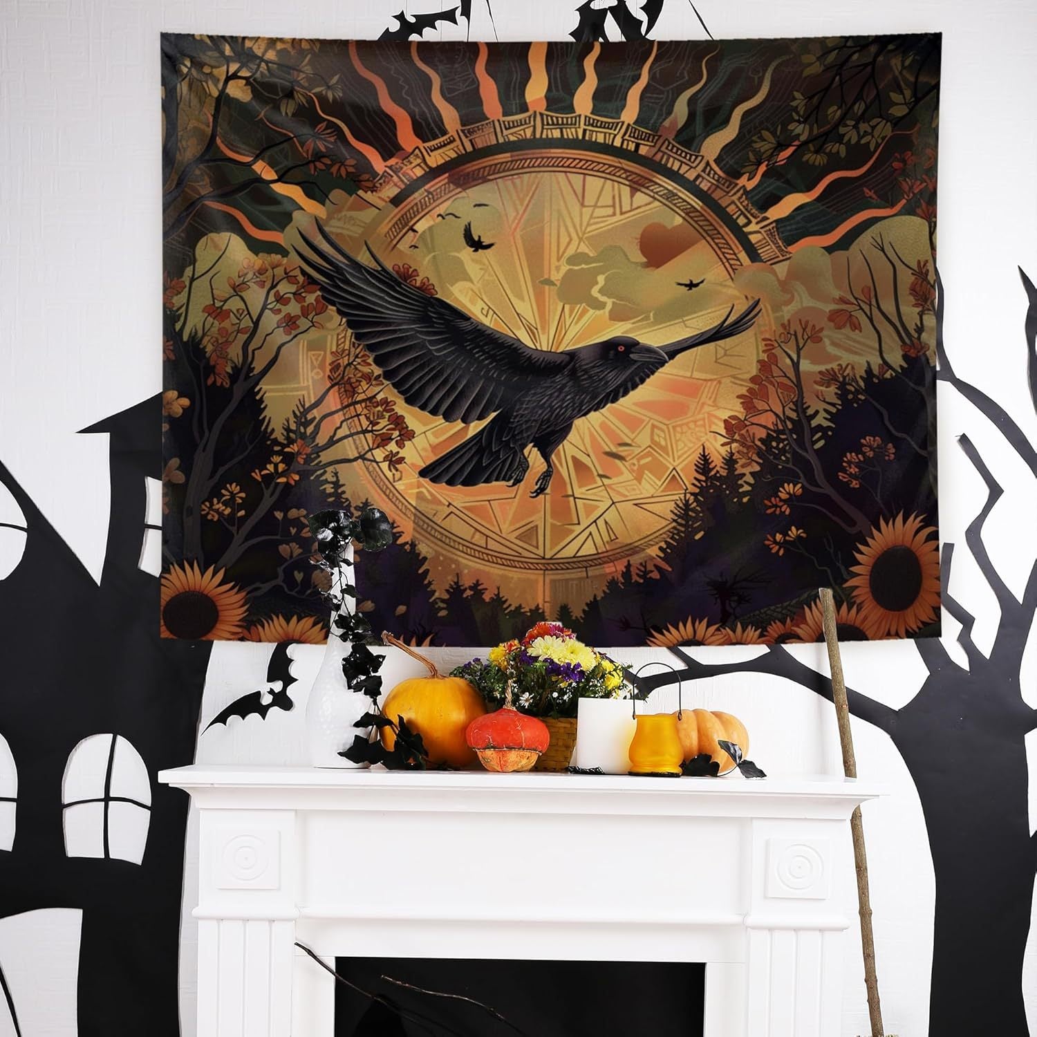 Halloween Noir Raven Sunrise Sunflower Tapestry