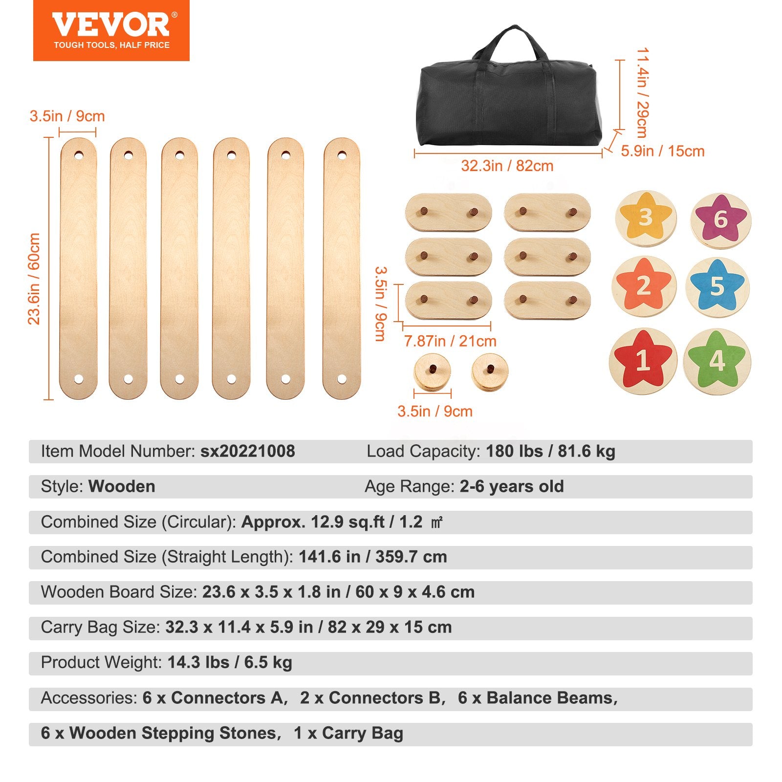 VEVOR Enfants Balance Beam Stepping Stones Gymnastique Enfants Balance Board 6 PCS