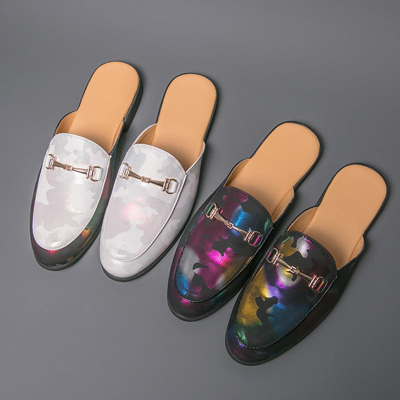 Style Fermé orteil demi-dépliant-Flops Hommes Couleur métallique Sandales en cuir coupées en V peu profond