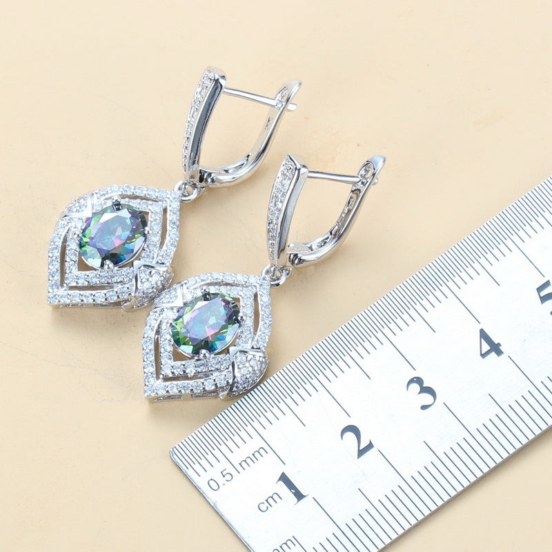 Boucles d'oreilles pendentif en pierre gemme incrustées Collier et anneau pour femmes 4 PCs Set