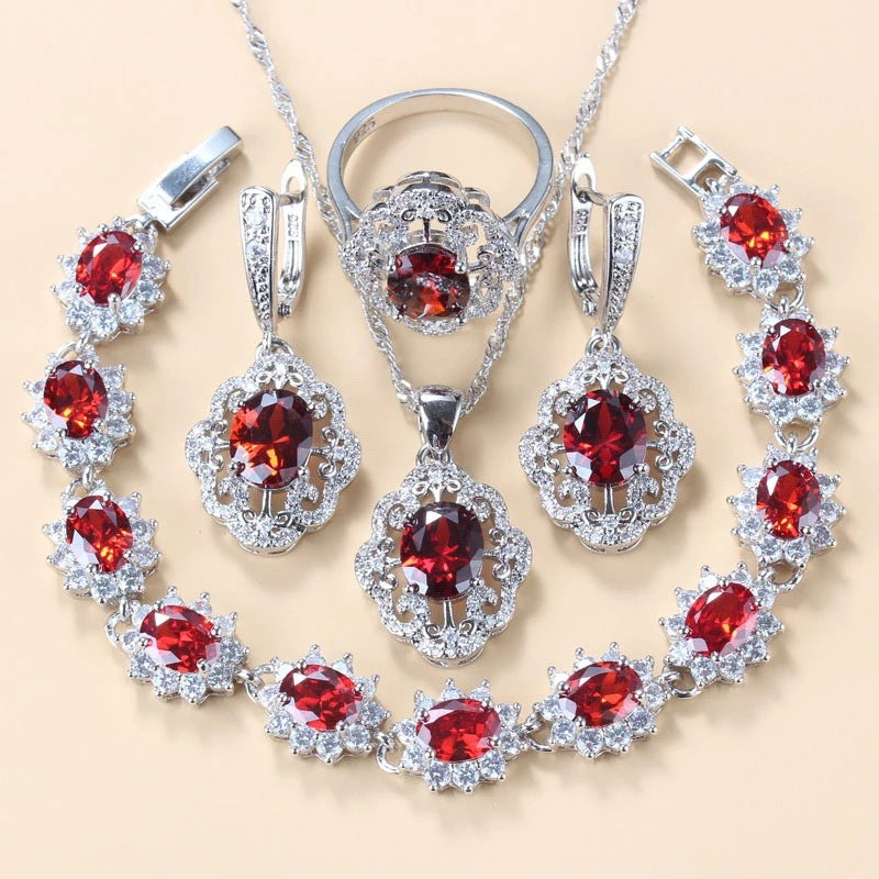 Garnet Cubic Zirconia Boucles d'oreilles Collier pendentif Bracelet Bague Cadeau 4 PCs Set