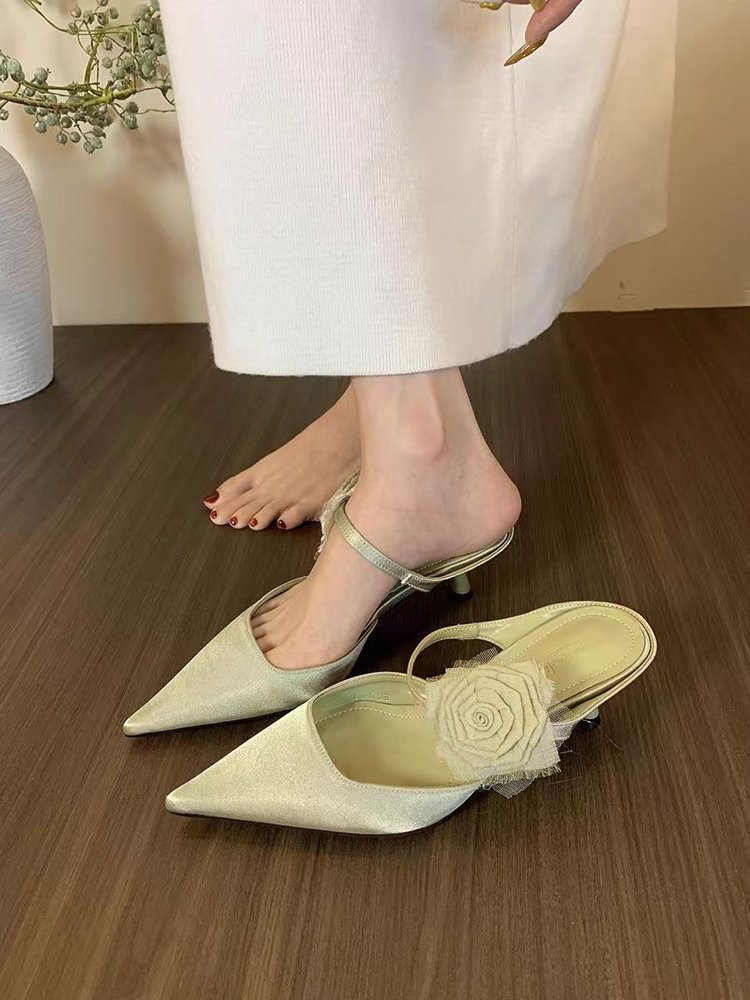 Femmes High Heel Chinese Style Floral Retro orteil fermé Mule Slippers Spring Summer Outdoo