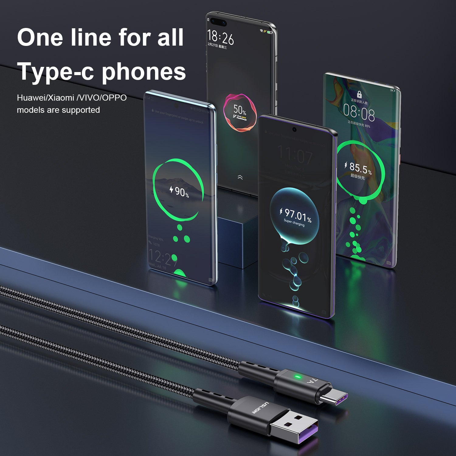 Câble de recharge 2M allongé tressé Type-c adapté pour le téléphone de données charge rapide