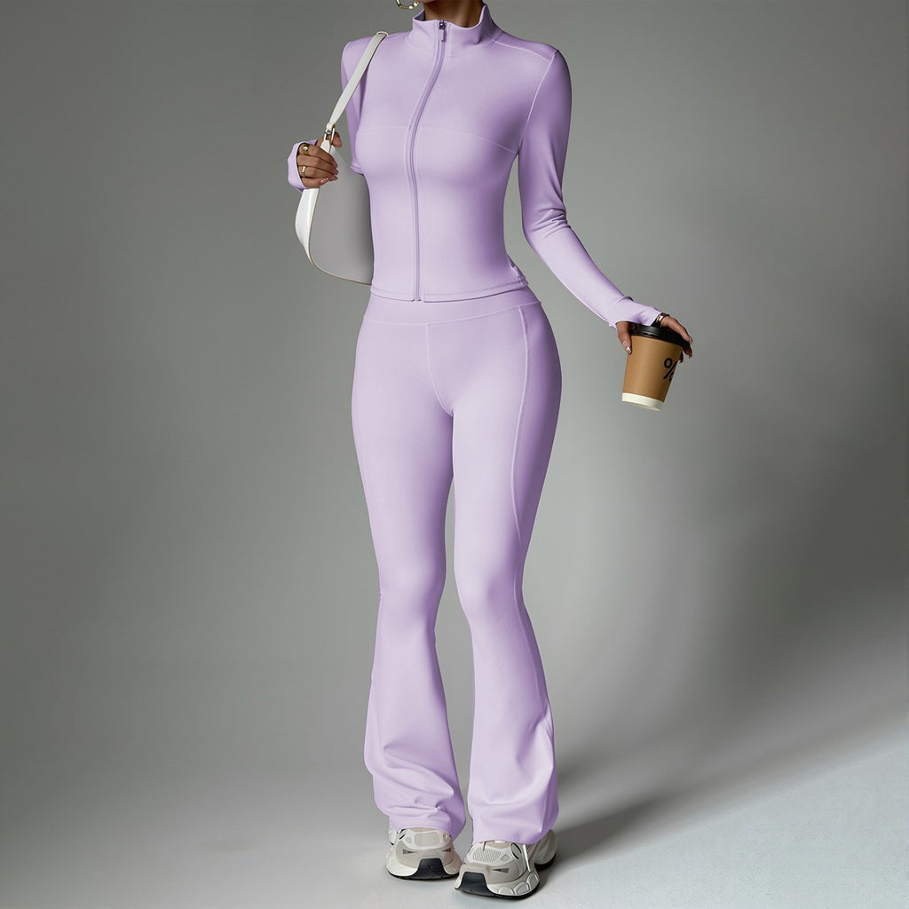 Femmes Solid-Color Casual Sports Yoga manches longues Zip-Up longue série