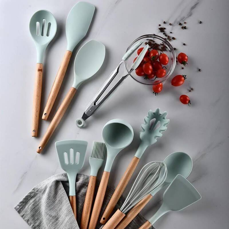 Ustensile de cuisine ensemble 12 PCS Silicone outils de cuisine avec poignée en bois