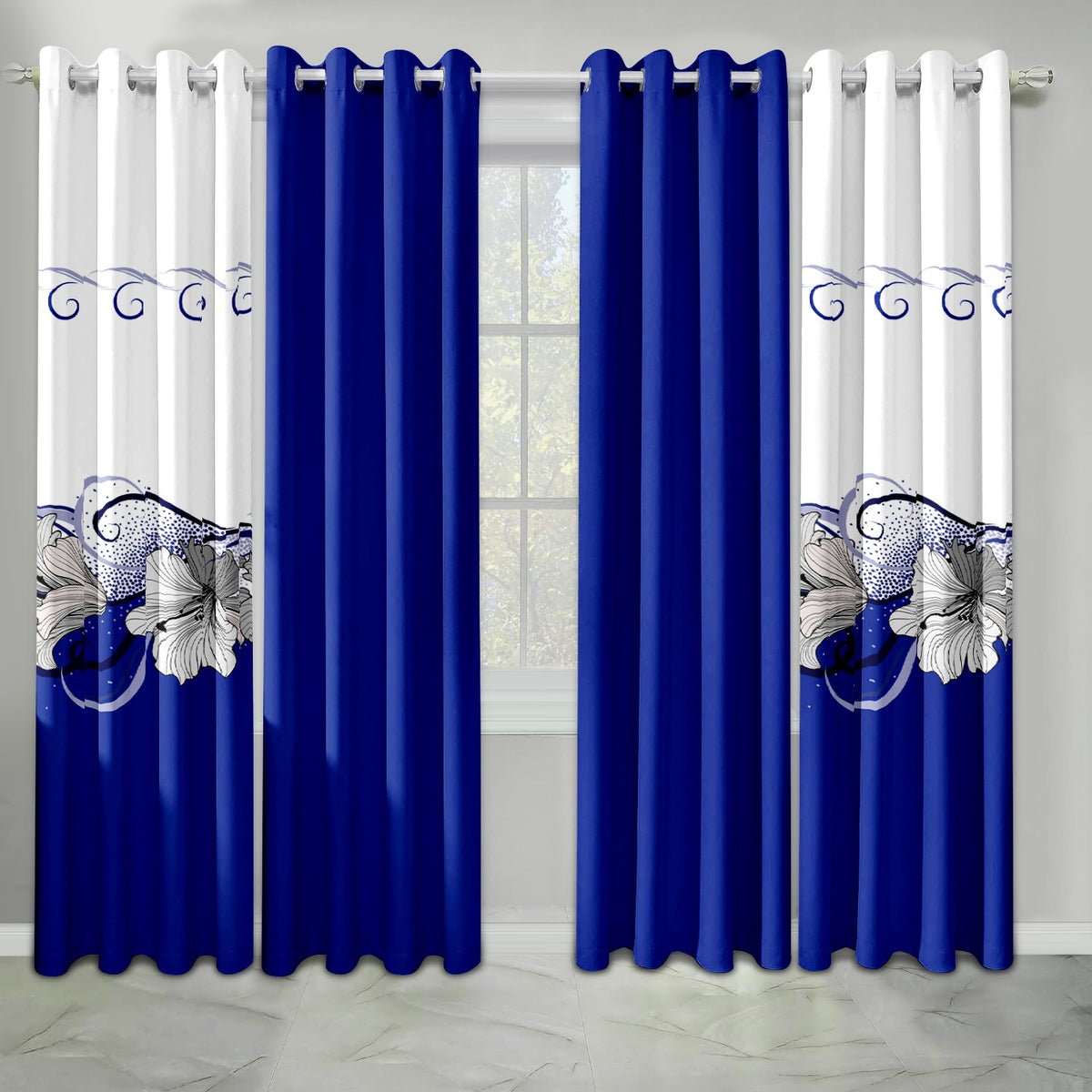 9-Piece bleu et blanc lotus couvre-lit et rideau pour roi
