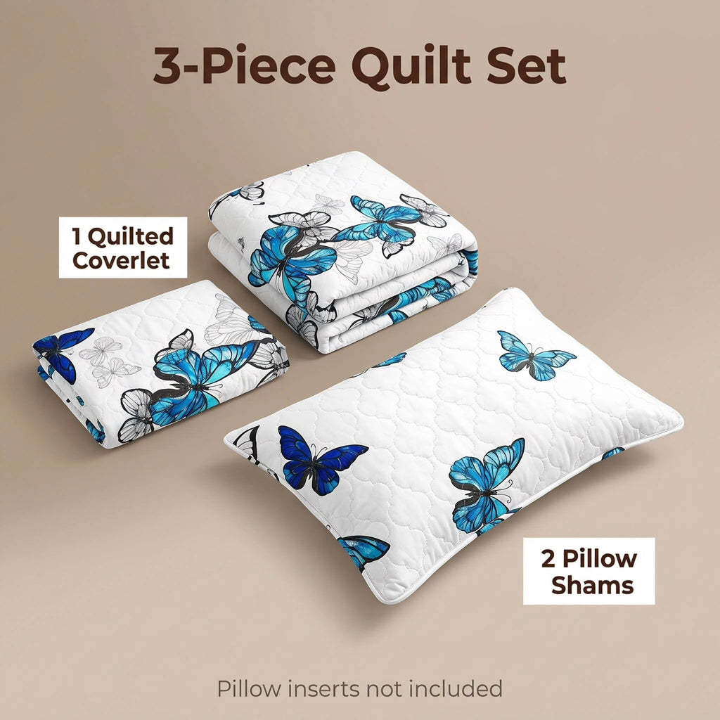 3-Piece Blue Butterfly Couverture de lit matelassée pour roi et roi de Californie
