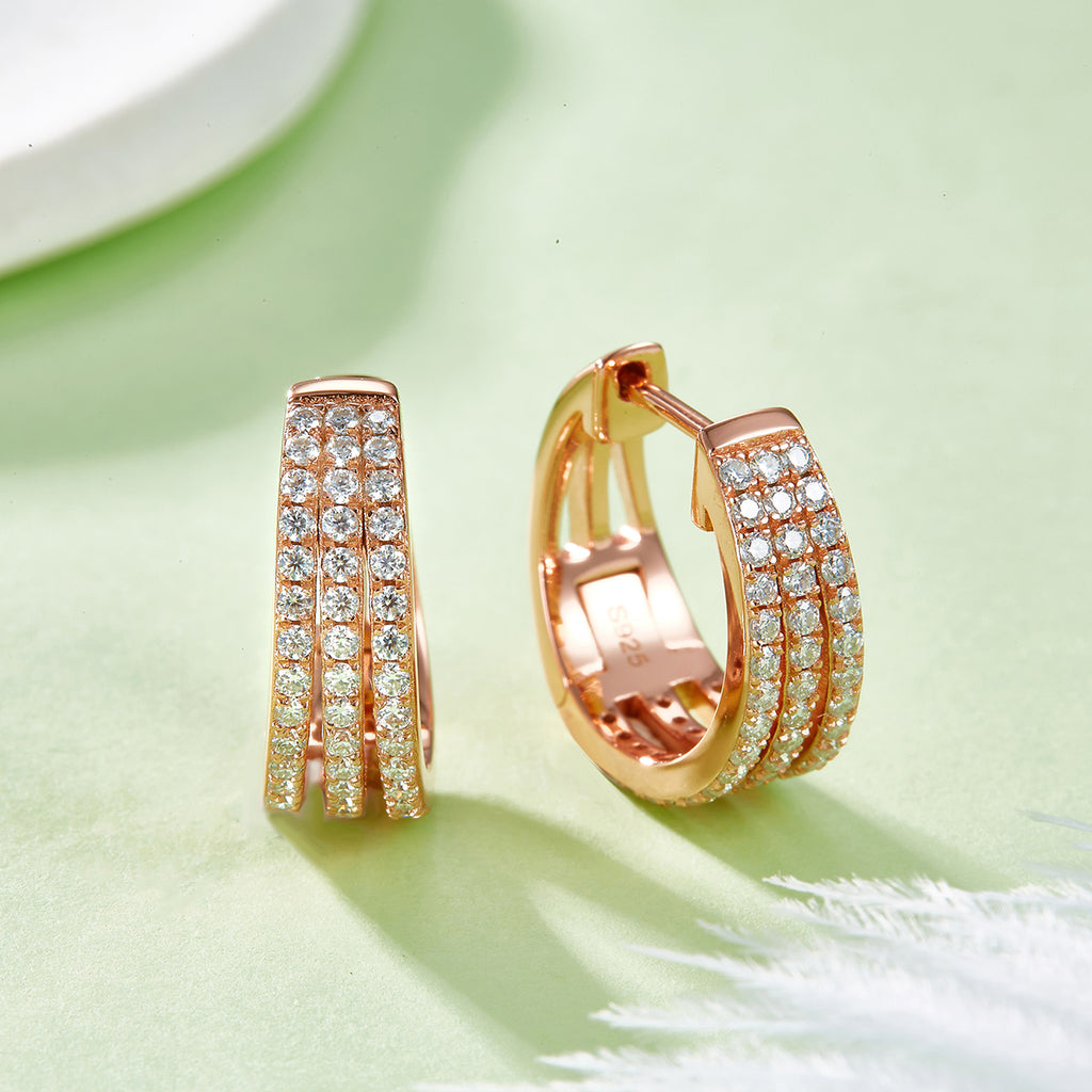 4.8g S925 Boucles d'oreilles en argent sterling en moissanite boucles de 17mm en trois rangées avec boucles de pave
