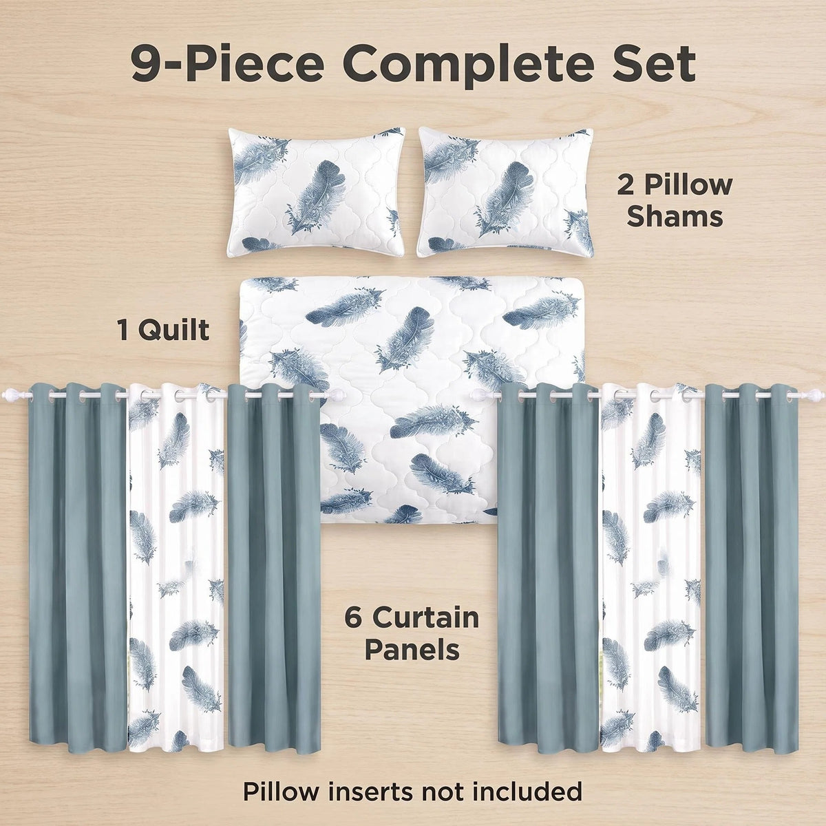Couche de lit et jeu de rideaux en plume bleue 9 pièces