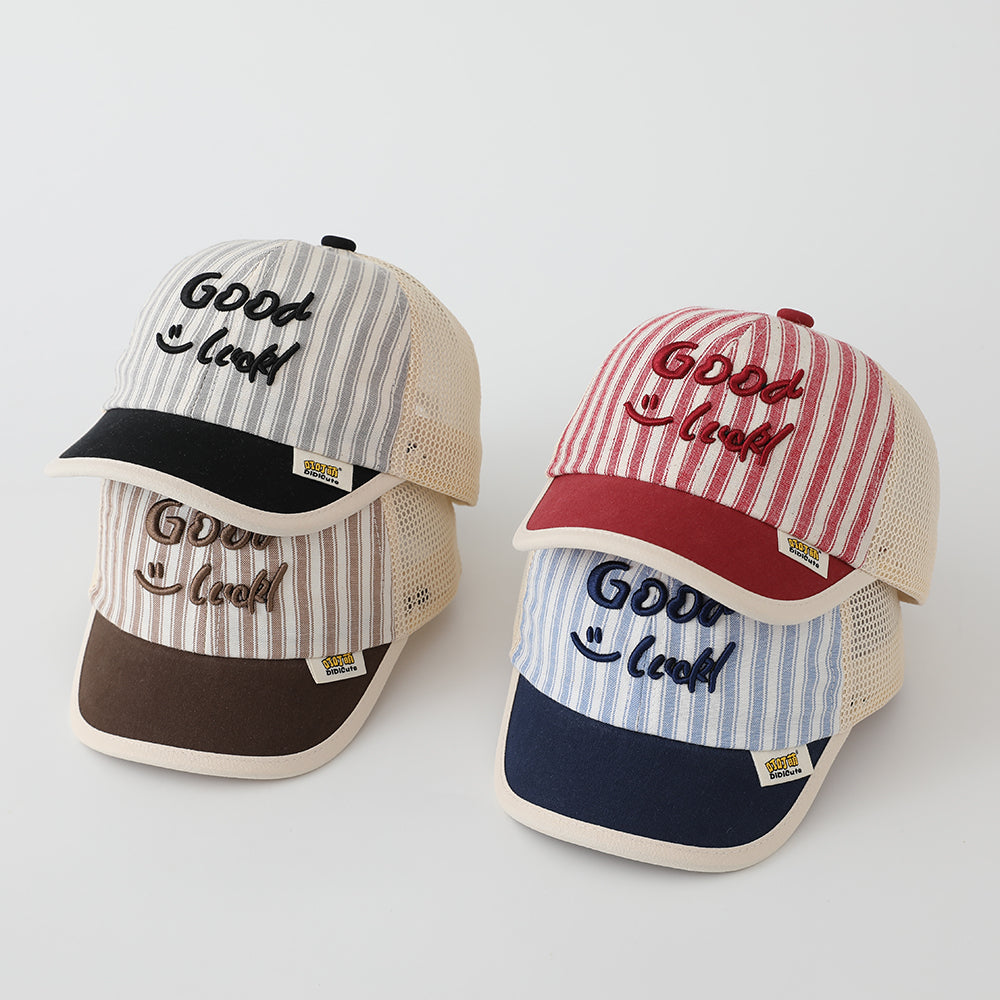 Casquette de baseball rayée pour hommes et femmes avec lettres brodées Bonne chance sur le Bo