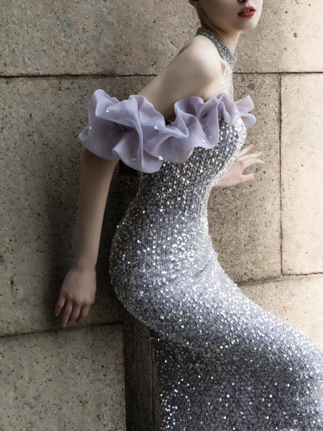 Violet Hôte Starry Sky Réunion annuelle Robe de Toast Perlé Halter Modèle Catwalk Fishtail
