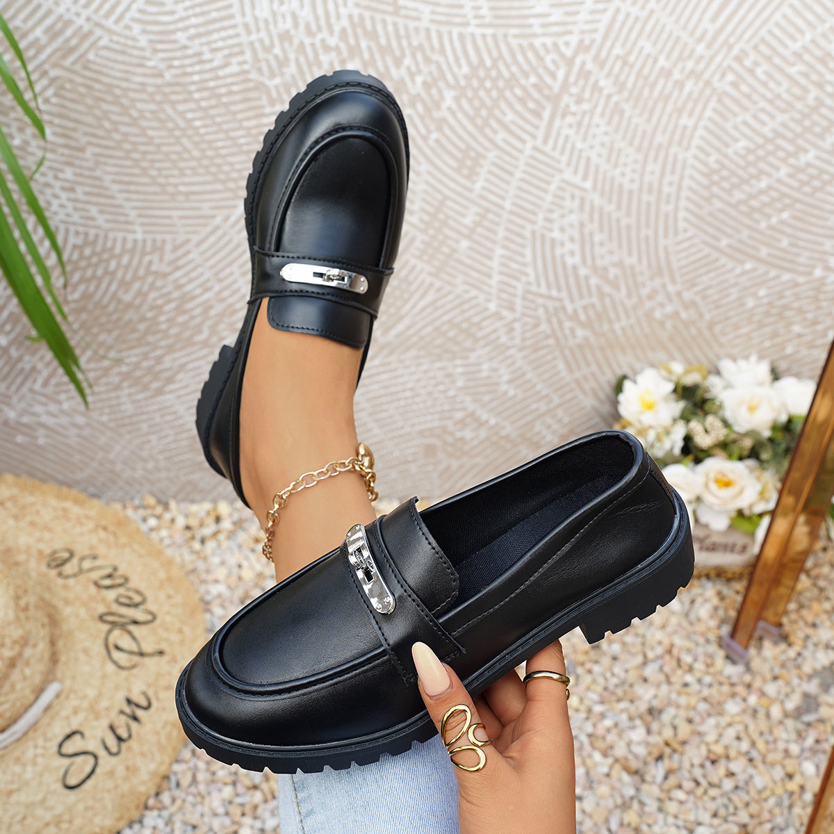 Femmes Classique Élégante Mode ronde orteil bloc bas talon Loafer en cuir Chaussures Élégante Versat