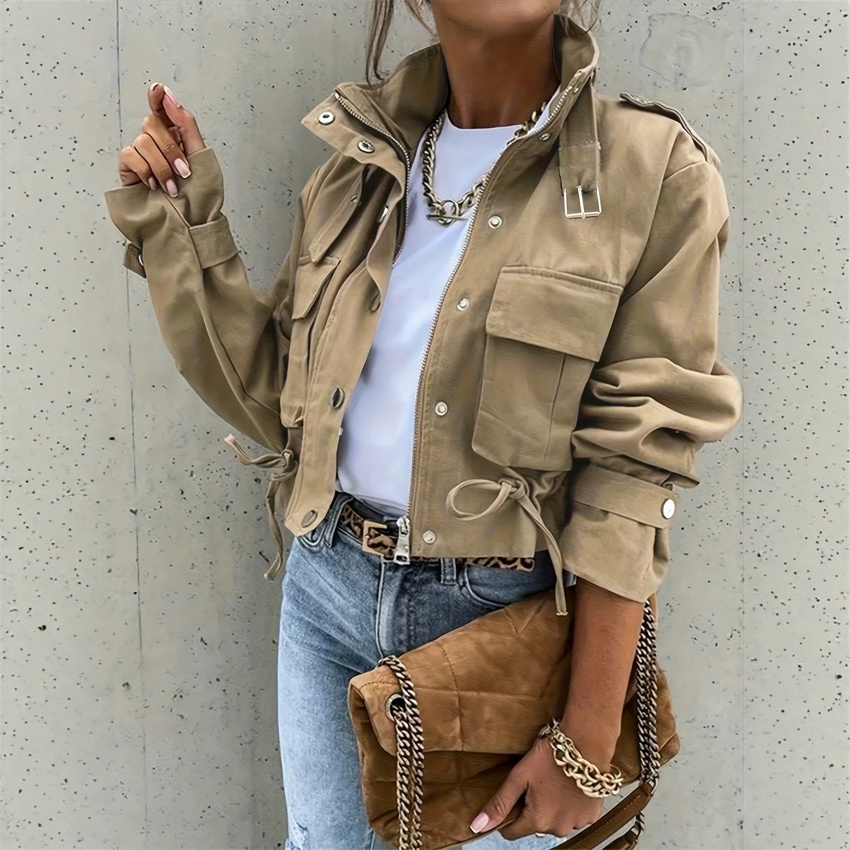 Veste femme à manches longues de style mandarin-collier Biker
