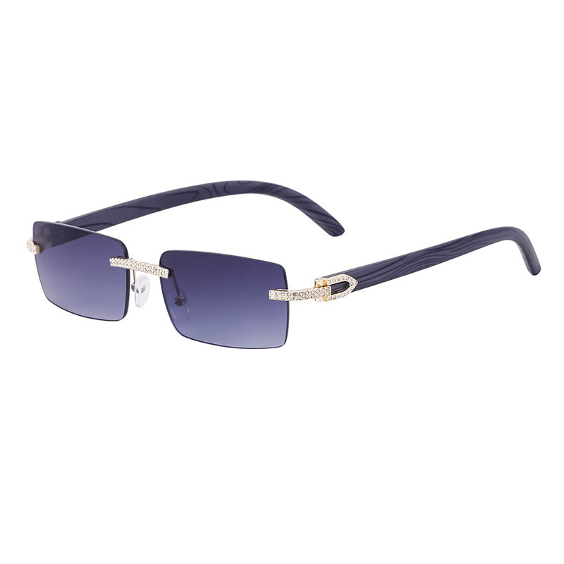 Lunettes de soleil homme sans cadre rétro avec bras de temple en bois incrusté de diamant
