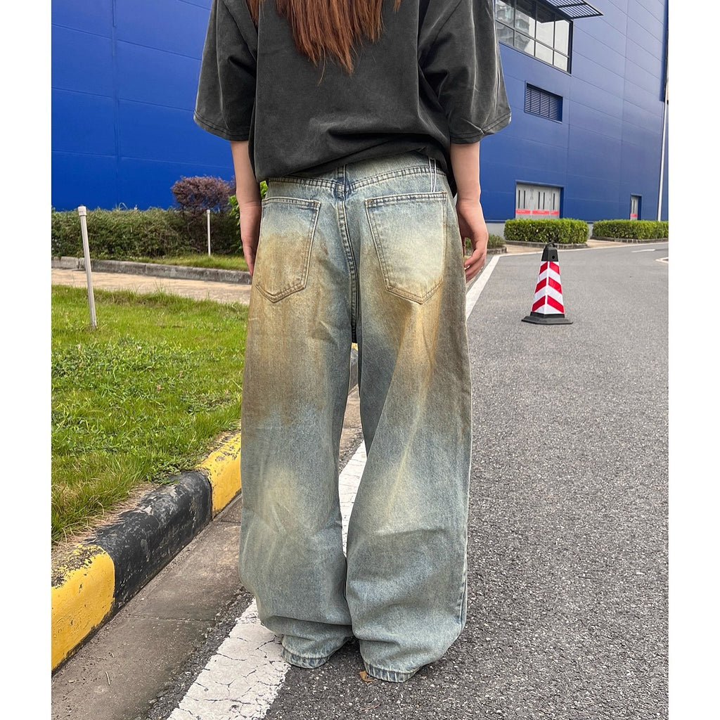 Rétro Jeans Denim à larges jambes teints jaune