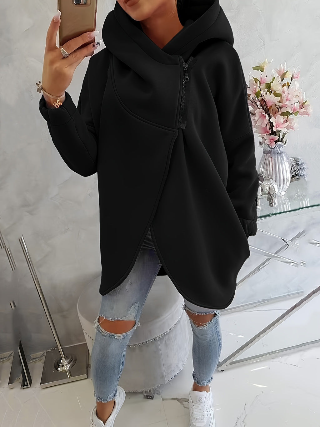 Sweat-shirt casual à capuche noir à manches longues européen et américain avec fron