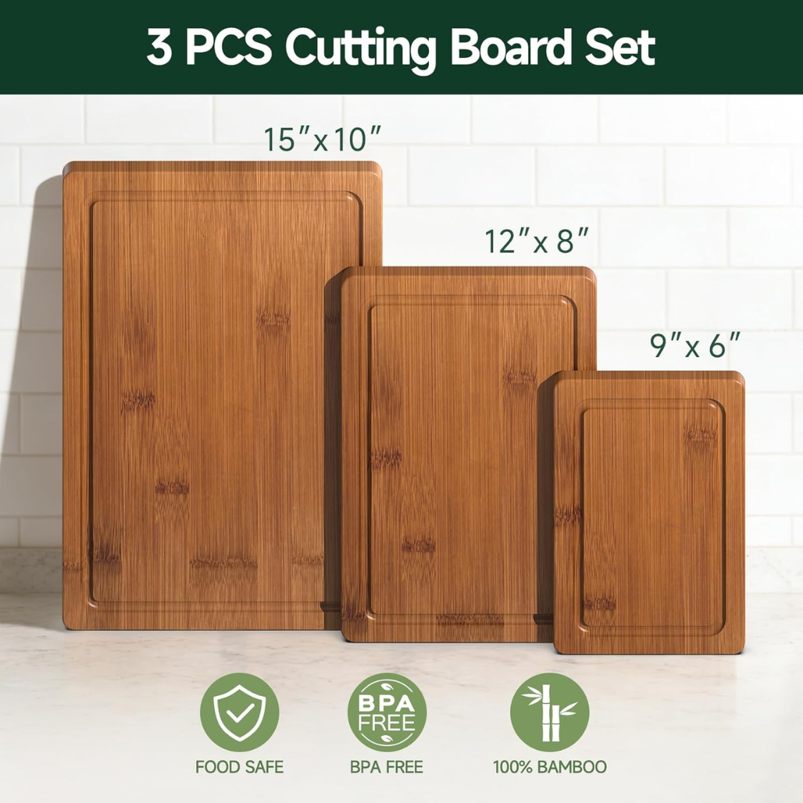 3-Piece Set Deep-Carbonized Bamboo Planche de coupe pour la cuisine Crack résistant au bois