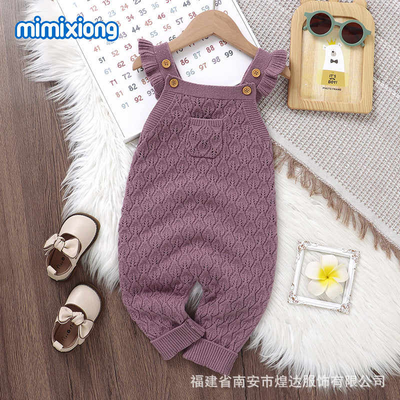 Automne et hiver Infant Solid Color Flounced Sling Rompers combinaison de saut
