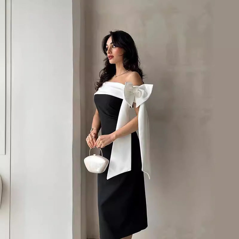 Femmes hors-épaule Bow noir et blanc couleur assorti Elégant robe de cocktail