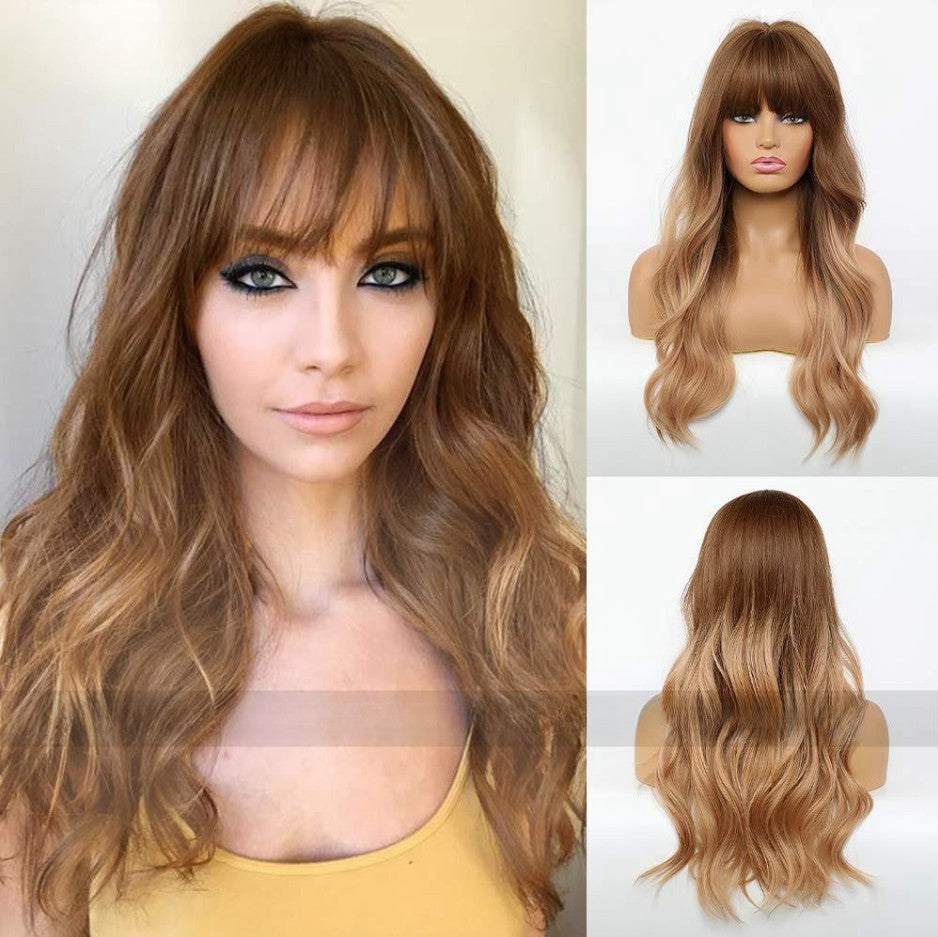 Femmes Black Brown Bangs Long Curly Wig