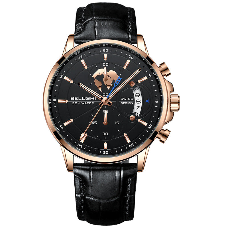 Bracelet d'acier de montre lumineuse en cuir à trois yeux d'affaires
