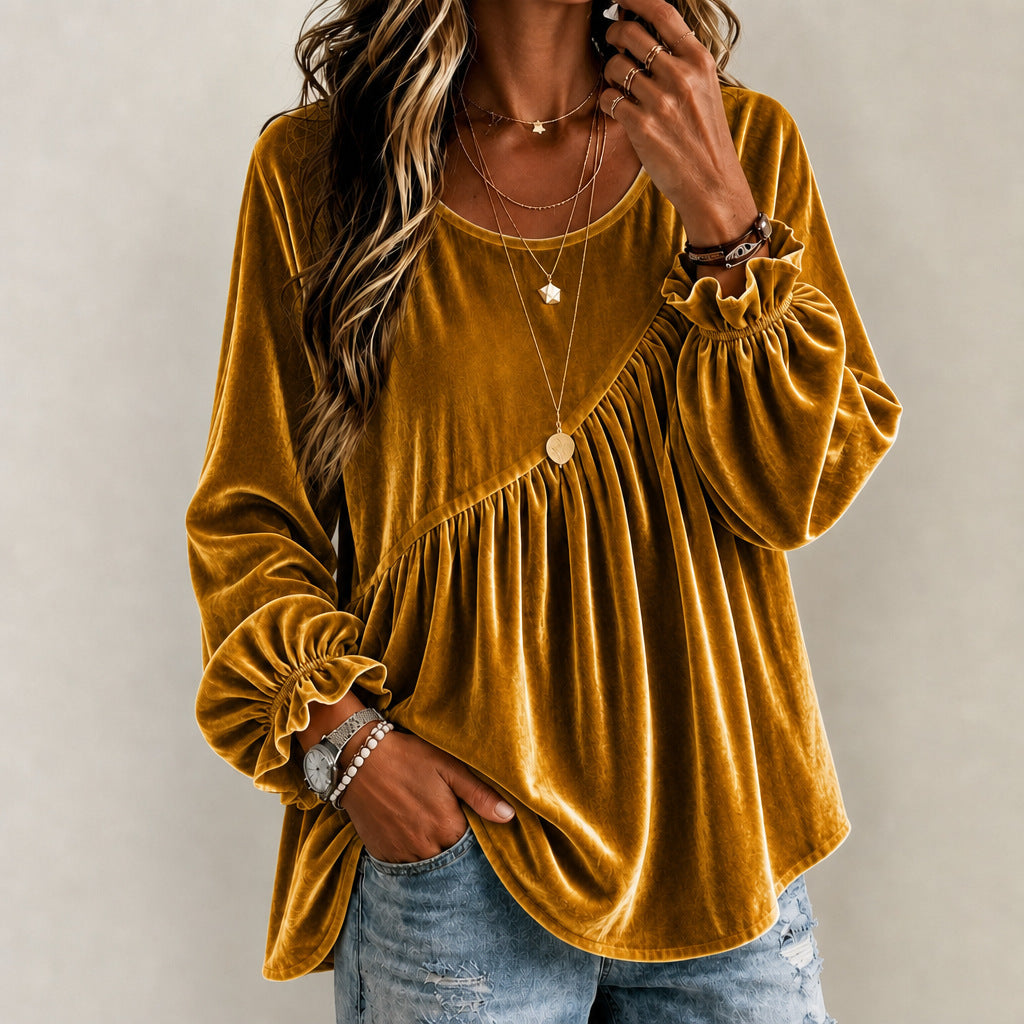 Velours de couleur unie Col d'équipage Manches longues Relaxed-fit Asymétrique Ruffled Top