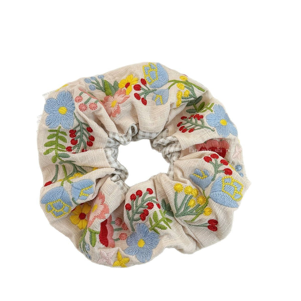 Retro Pastoral-style Flower-embroidered Scrunchie for Buns and Ponytails Hair Accessory