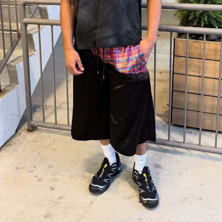 Retro Patchwork Color-Block Plaid Sports Short à large leg