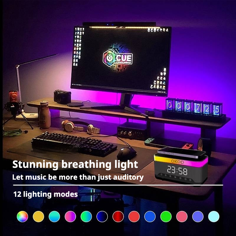 KP-559 15W Wireless Charging Clock Alarm Clock RGB Ambient Light White Noise Desk Blue