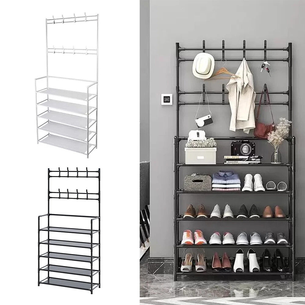 Porte-manteau et chapeau 8 crochets en métal Rack de chaussures 5 niveaux Étagère Hanger noir