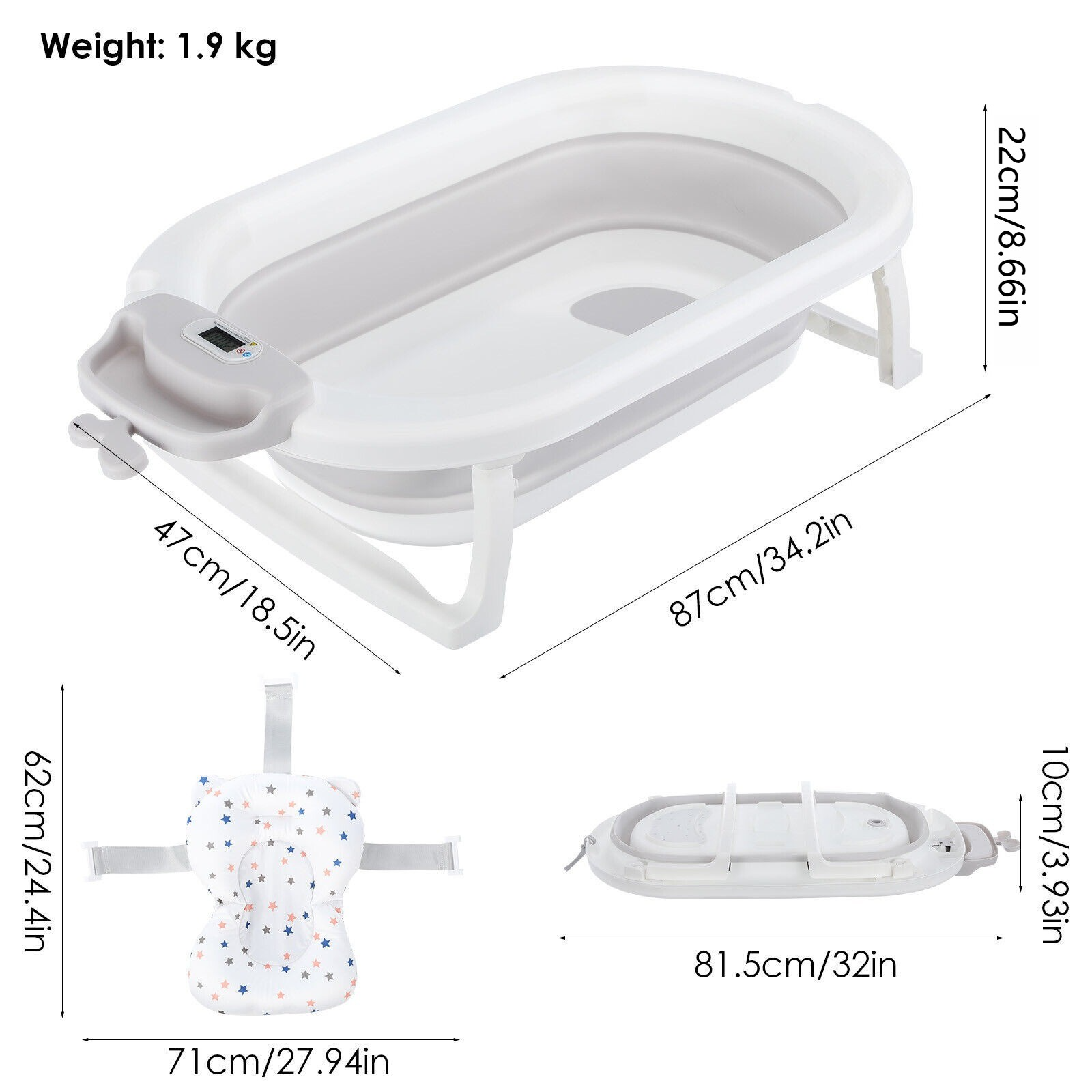 Baignoire pliable pour bébé Ergonomie avec tampon de bain de température et de coussin et filet de bain