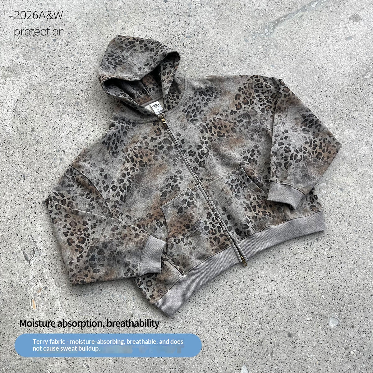 Camouflage à capuchon Leopard-Imprimé Terry-Weave Sweatshirt Cardigan Coat