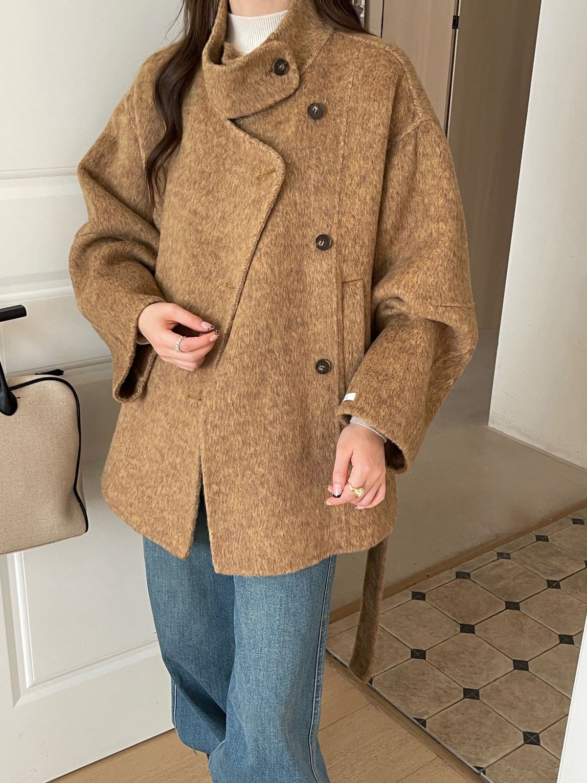 Dentelle Dentelle mi-longueur Double face Laine Coat Femme Laine Vêtements de dessus