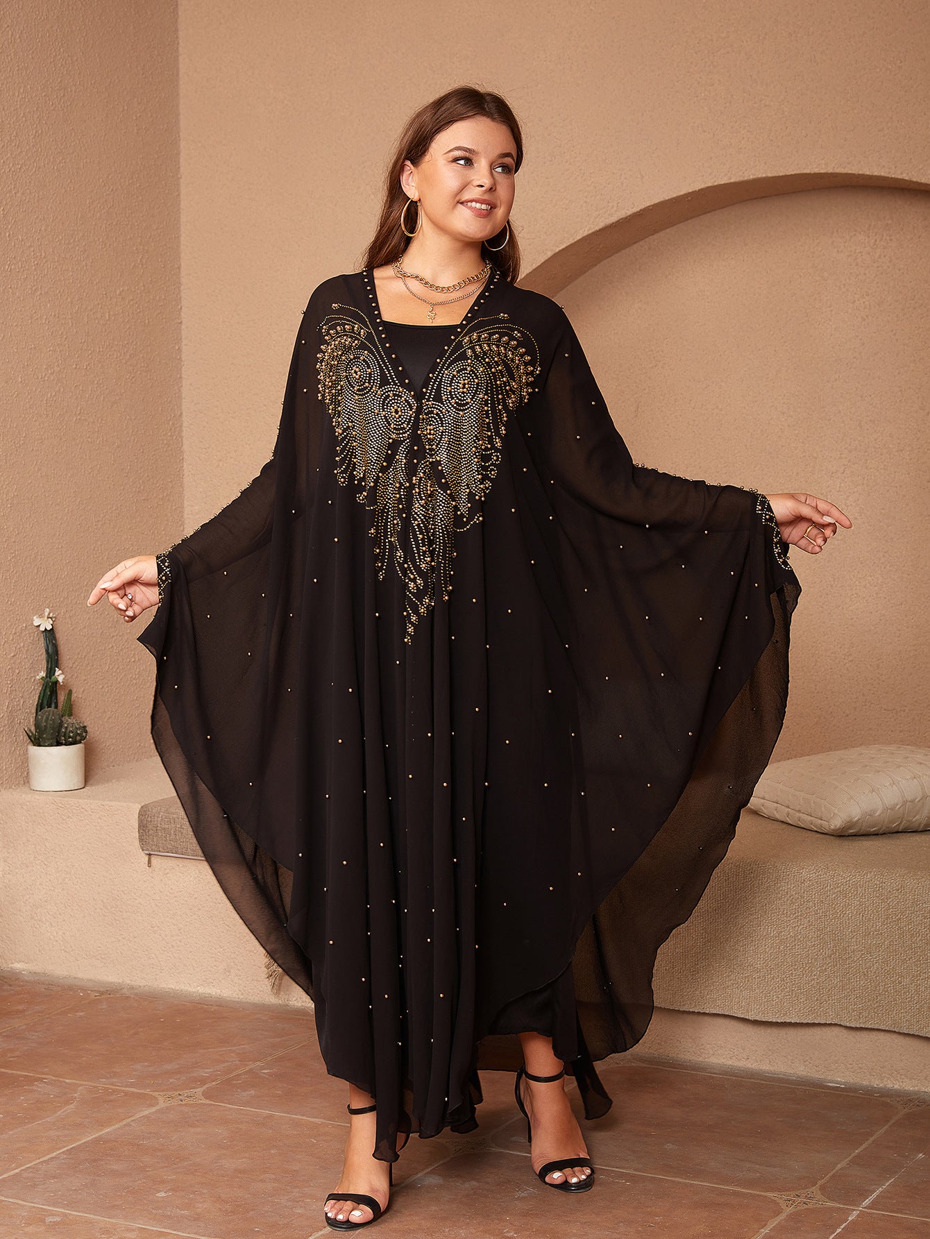 Style musulman Strass Perles Haute Densité Chiffon Cape Et Châle
