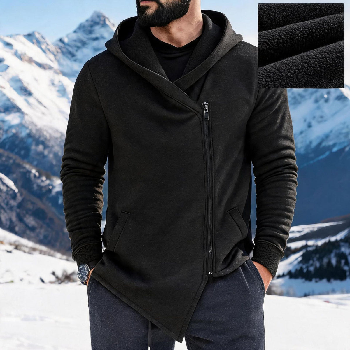 Hoodie hommes doublée de polaire avec une fermeture éclair inclinée