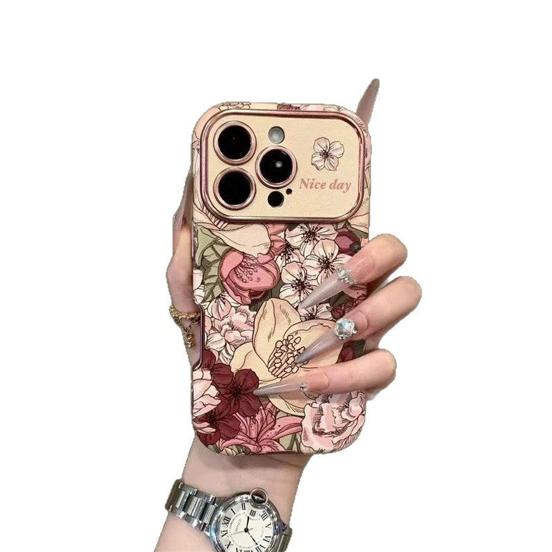 Rétro peinture à l'huile fleur conçu en cuir boîtier de téléphone