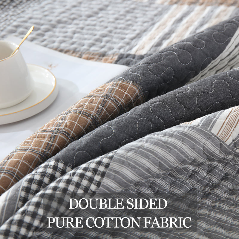 Cotton Reversible Quilt Bedspread Set French Country Checkered Print with Textured Stripe